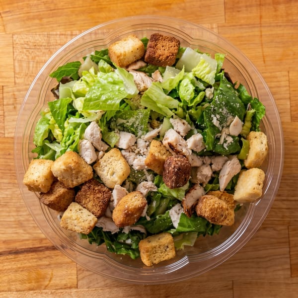 Overhead view of a Caesar salad with chicken, croutons, and parmesan cheese in a plastic bowl.