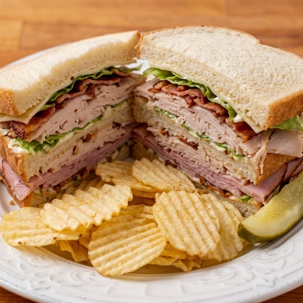 Club sandwich with turkey, ham, bacon, lettuce, and cheese, served with chips and a pickle.