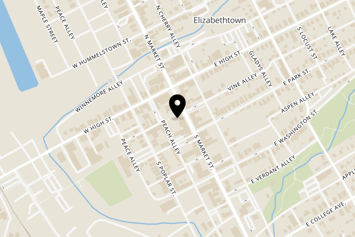 Map showing the location of The Spot Hometown Deli on 28 S Market St in Elizabethtown